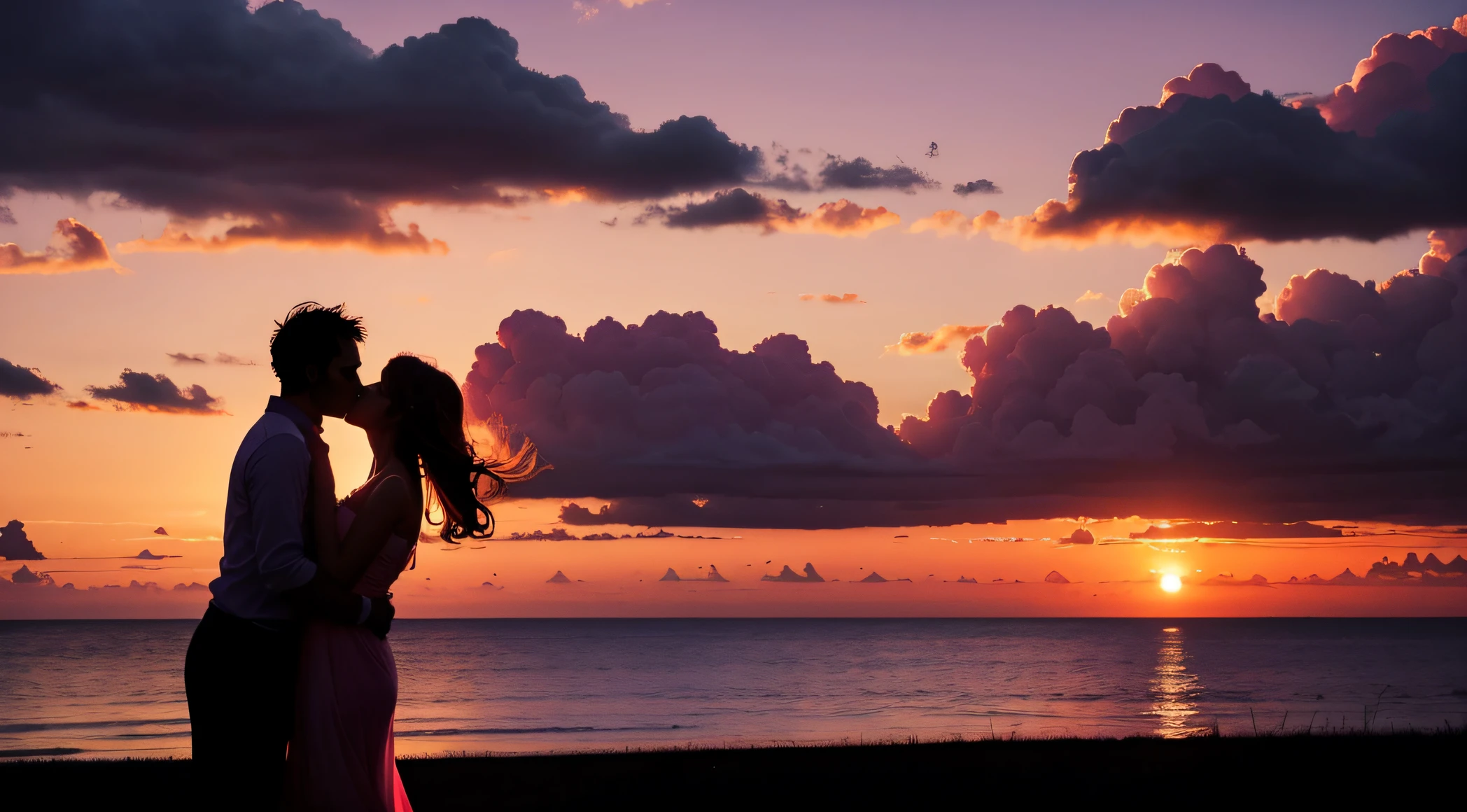 [best quality,4k,8k,highres,masterpiece:1.2],silhouette,couple,kissing,colourful sunset,romantic,emotional,passionate,silky clouds,magical,love,serene,orange,pink,purple,warm lighting