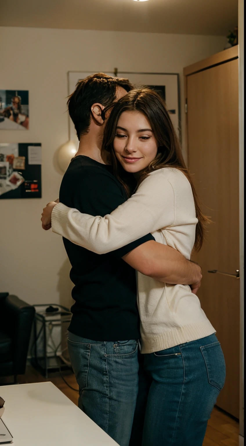 a woman hugging a man in her apartment