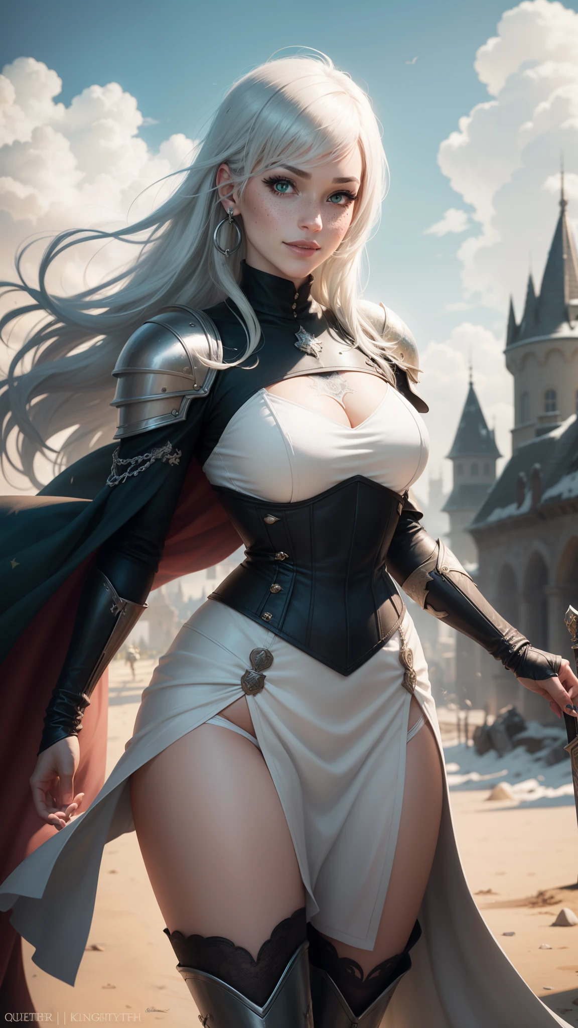 gwen tennyson,yorha 2b,yuna,claire farron,overwatch,warcraft,close up, castle siege battle,tattoos,silver and white plugsuit,white short sleeve knight top,short sleeve knight full plate armor,long knight skirt,steel knight corset,knee long hair,queen makeup,green eyes,multicolored silver hair,long dress train,sexy smile, freckles,beautiful girl,silver thigh high boots,large breasts,8k,ultra detailed,realistic,fantasy art,silver knight uniform,queen gown dress,hair pin,ear piercings,templar hand and neck jewelry,(weather:windy),1girl,long sapphire knight coat,battlefield,holding a war banner,