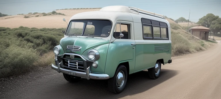 wight metallic 4x4 1950s Van in motion, fantasy, no logo, urban, 1950s (style), worm colors, a small building, High detailed, Color magic, Saturated colors, Color saturation, wrench_elven_arch, Mecha body, modelshoot style, photo r3al, c_car, greg rutkowski, car, yurayura_yuuura, f1ame, Epicrealism, dark background, Realism, 8K, HD