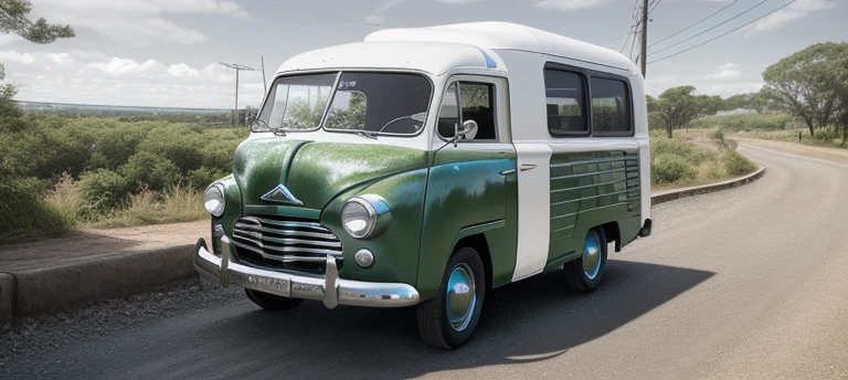 wight metallic 4x4 1950s Van in motion, fantasy, no logo, urban, 1950s (style), worm colors, a small building, High detailed, Color magic, Saturated colors, Color saturation, wrench_elven_arch, Mecha body, modelshoot style, photo r3al, c_car, greg rutkowski, car, yurayura_yuuura, f1ame, Epicrealism, dark background, Realism, 8K, HD