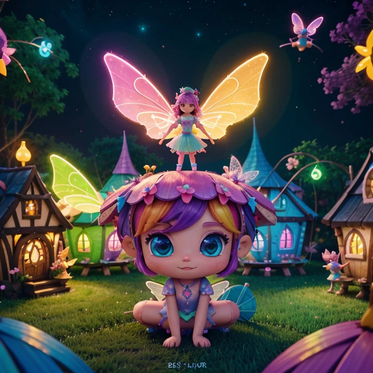 Main subject: A bunch of flying fairies, in a Fairy Village. Details: Cute colorful, digital painting, cute detailed digital art, hyper colorful, neon coloring, cute digital art, beeple colors, colorful hd picure, beeple and jeremiah ketner, glowing lights! digital painting, cute 3 d render