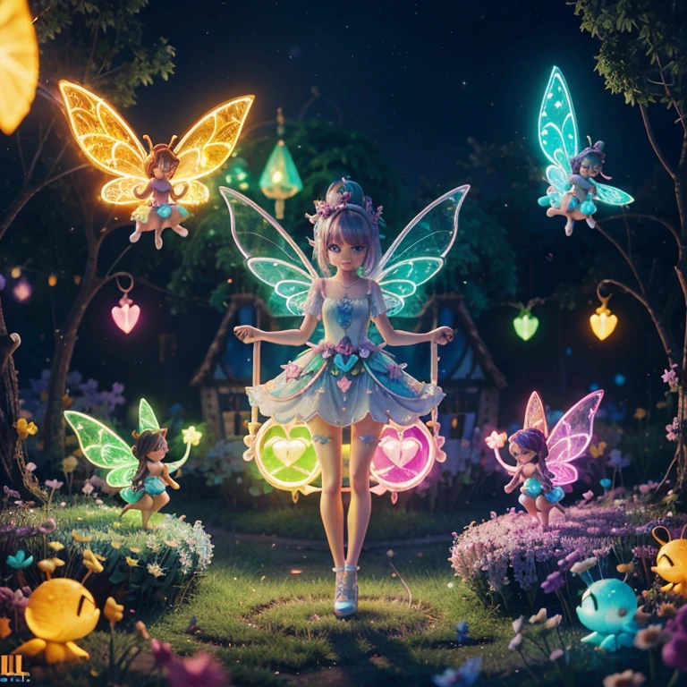 Main subject: A bunch of flying fairies, in a Fairy Village. Details: Cute colorful, digital painting, cute detailed digital art, hyper colorful, neon coloring, cute digital art, beeple colors, colorful hd picure, beeple and jeremiah ketner, glowing lights! digital painting, cute 3 d render