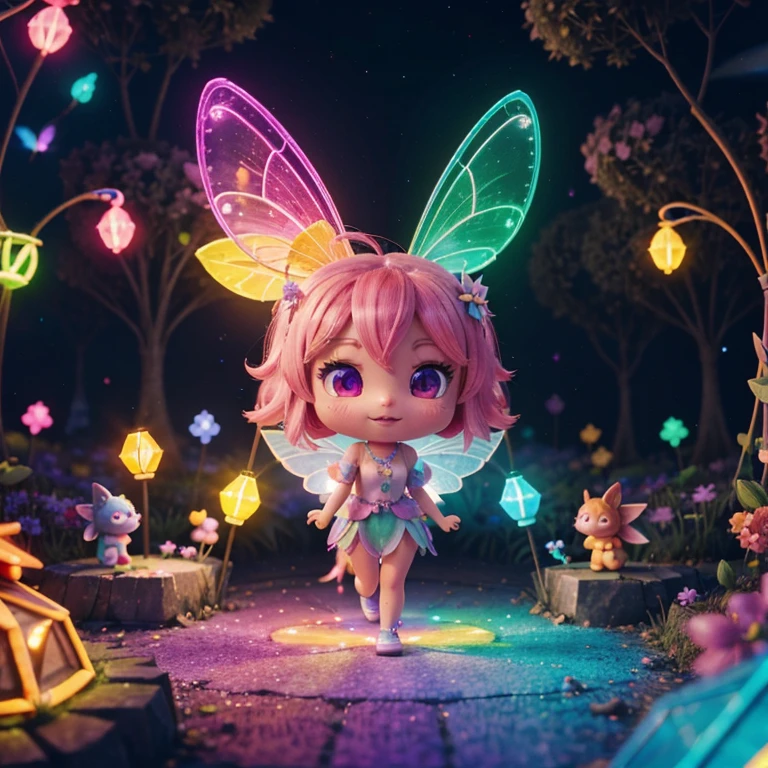 Main subject: A bunch of flying fairies, in a Fairy Village. Details: Cute colorful, digital painting, cute detailed digital art, hyper colorful, neon coloring, cute digital art, beeple colors, colorful hd picure, beeple and jeremiah ketner, glowing lights! digital painting, cute 3 d render