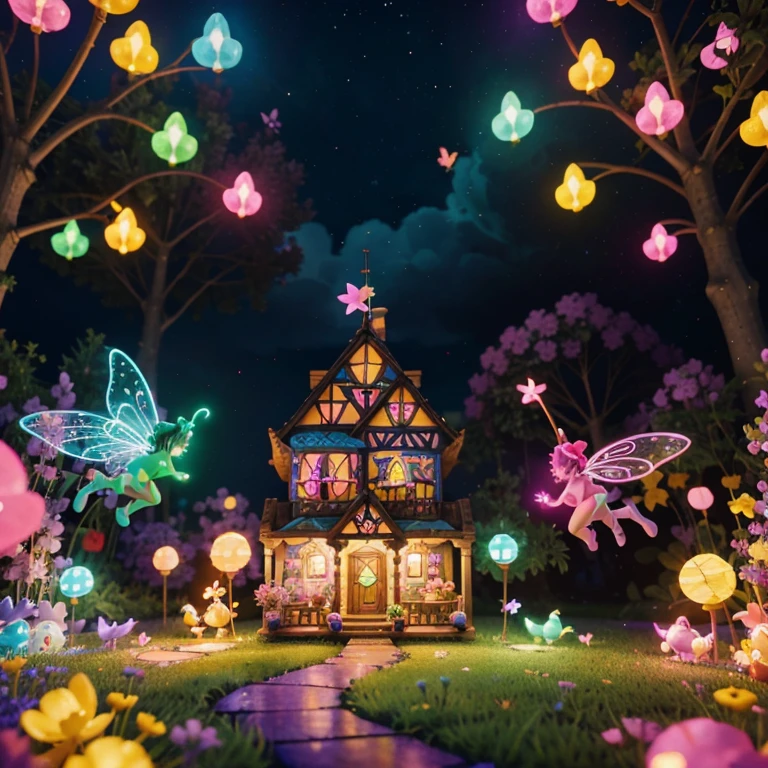 Main subject: A bunch of flying fairies, in a Fairy Village. Details: Cute colorful, digital painting, cute detailed digital art, hyper colorful, neon coloring, cute digital art, beeple colors, colorful hd picure, beeple and jeremiah ketner, glowing lights! digital painting, cute 3 d render