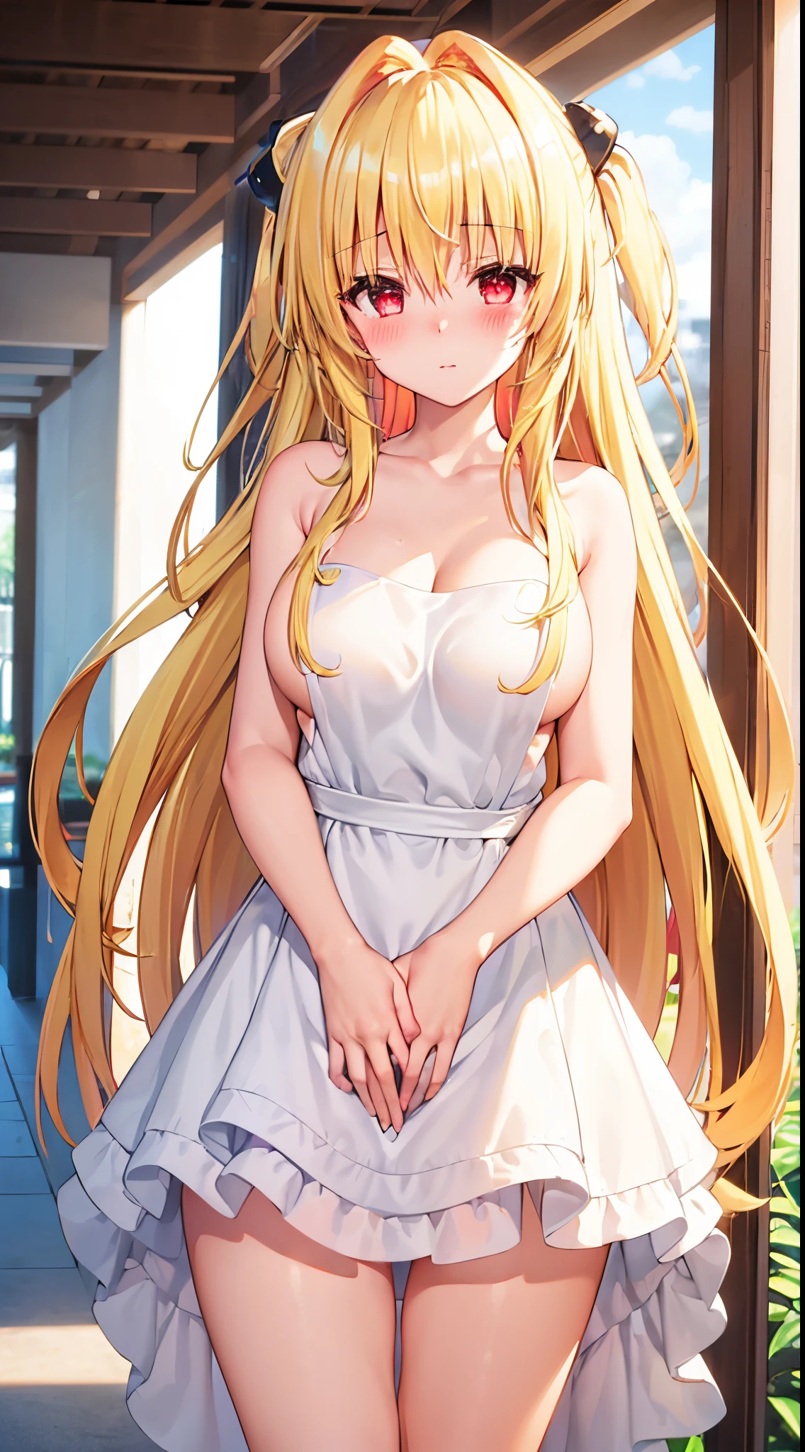 (naked:1.3), (white apron), large breasts, cleavage, thighs, cafe background, (blushing:1.3), master piece, top-quality, ultra-detailliert, 8K, yellow hair, yami, 1girl, long hair, solo, hair ornament, two side up, (((blonde hair))), ((red eyes)), hair ornament,