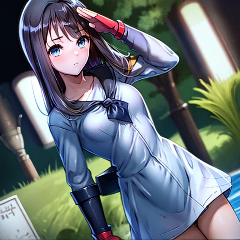 Masterpiece, Best Quality, Highly detailed, illustration, absurdres, blue reflection, kasuga shiho, blue eyes, doll suit, shadaloo doll, military salute, black-hair, magical girl, 1 girl, solo, expressionless, emotionless eyes, looking at viewer, reflector