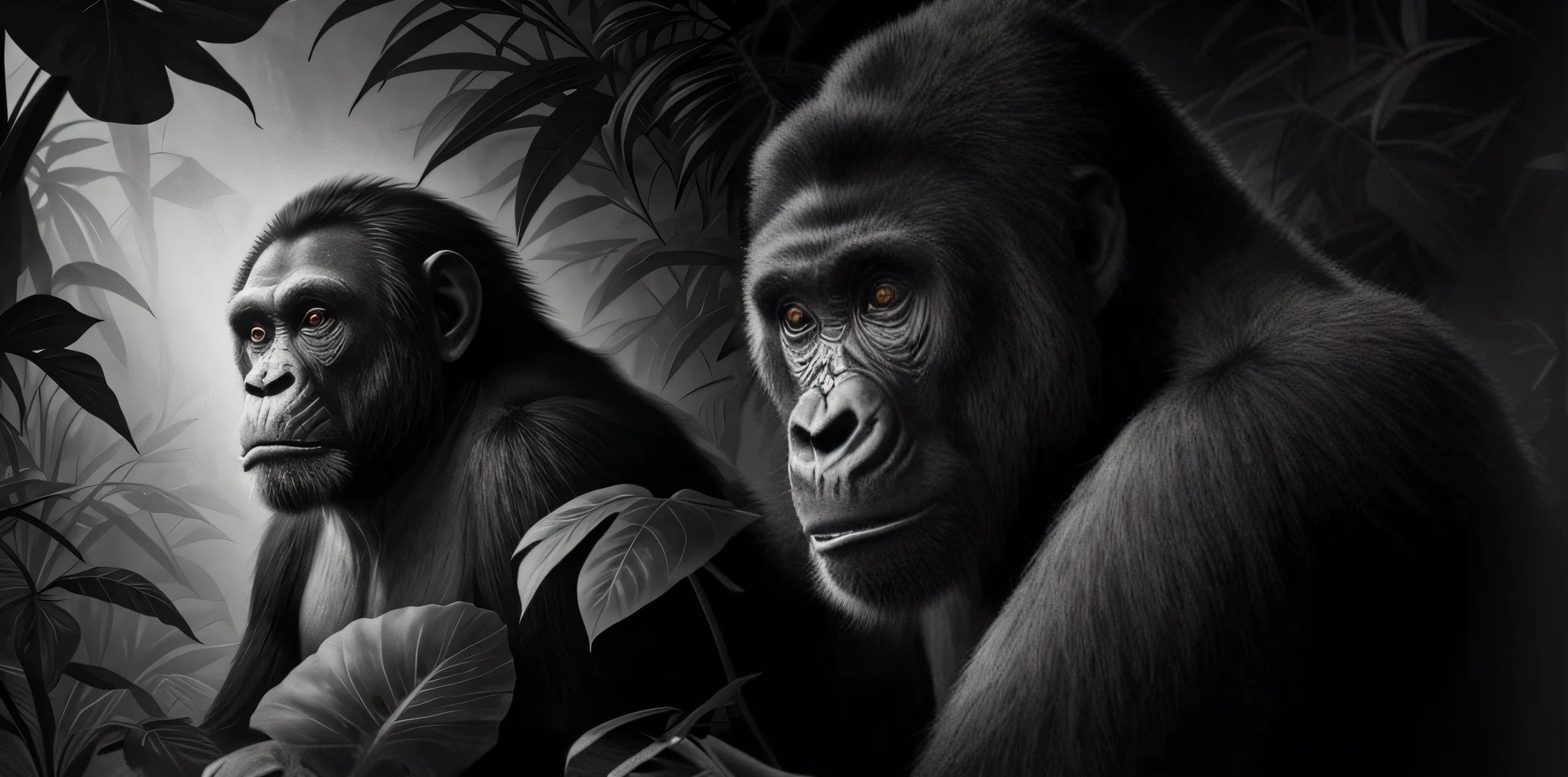A highly-detailed realistic black and white portrait of a gorilla in the forest, standing pose, , rendered in the style of tattoo artist Randall McKeown. The illustration should be a front view pencil sketch. The white background and 8k resolution should ensure that the final product is both visually striking and high-quality.