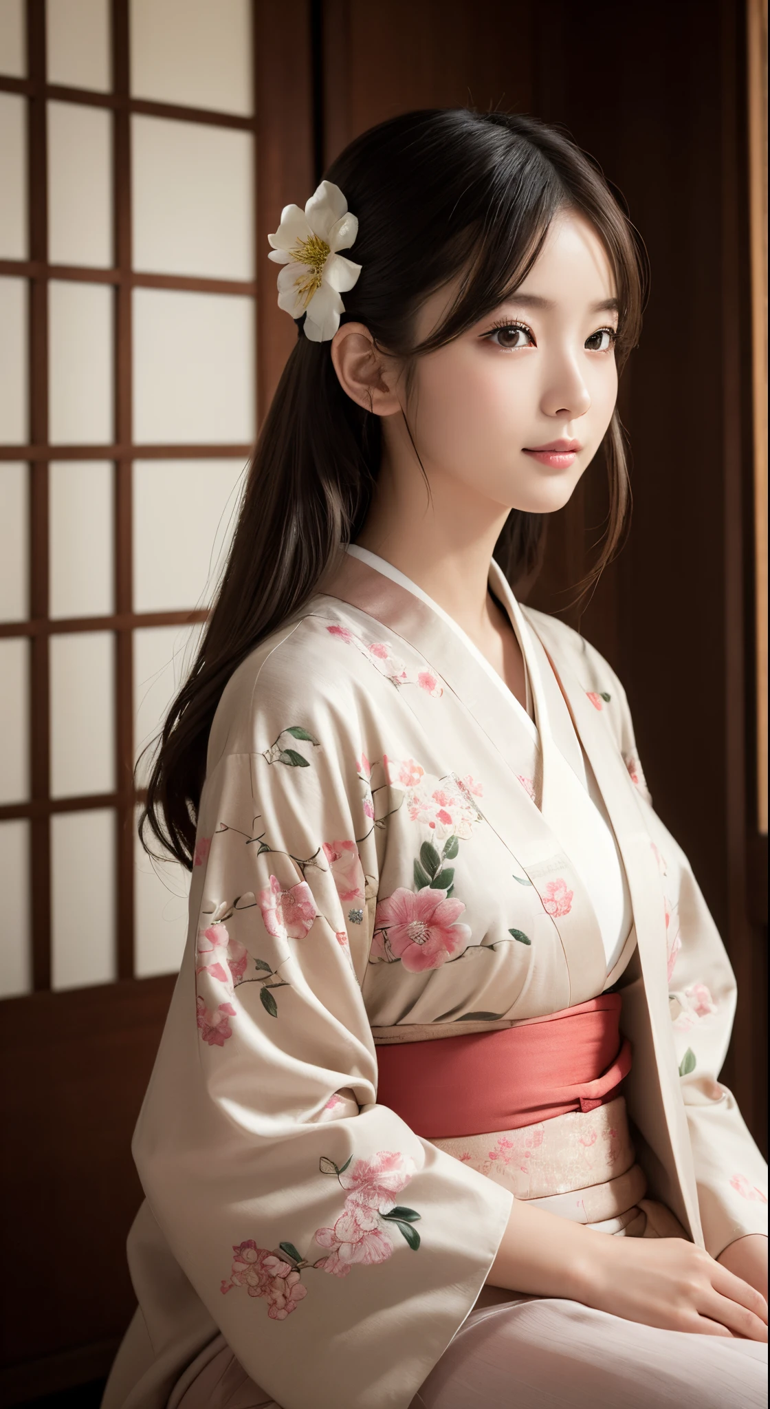 (Photorealsitic:1.4), (Top image quality:1.0), (超A high resolution:1.0), 8K, Raw photography, (​masterpiece:0.2), (pureerosface_v1:0.5)、(Best Quality Detail:1.2)、realisitic、8K UHD、hight resolution、(1girl in:1.2)、The ultra-detailliert、High quality textures、intricate detailes、detaileds、Very detailed CG、High quality shadows、Detail Beautiful delicate face、Detail Beautiful delicate eyes、depth of fields、Ray traching,1girl in, japanaese girl, Cute, slender, Kimono with Japanese pattern,Floral scrunchie, Beautiful skin, Facing the front,Sit down, Sit upright and say thank you,Align your hands elegantly,Smile faintly The Land of Japan,Japanese garden,Luxury Japanese-style room, skyporn, Magic Hour, (Realistic:1.3), Finely detailed, quality, (masutepiece:1.2), (Photorealistic:1.2), (Best Quality), (Intricate details), Dramatic, Ray tracing, photograph, +Lola
