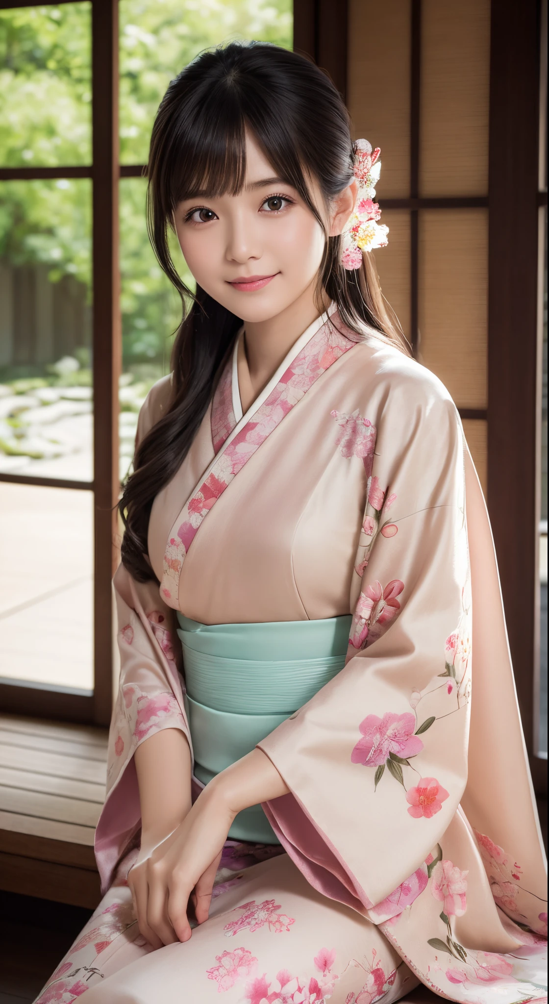 (Photorealsitic:1.4), (Top image quality:1.0), (超A high resolution:1.0), 8K, Raw photography, (​masterpiece:0.2), (pureerosface_v1:0.5)、(Best Quality Detail:1.2)、realisitic、8K UHD、hight resolution、(1girl in:1.2)、The ultra-detailliert、High quality textures、intricate detailes、detaileds、Very detailed CG、High quality shadows、Detail Beautiful delicate face、Detail Beautiful delicate eyes、depth of fields、Ray traching,1girl in, japanaese girl, Cute, slender, Kimono with Japanese pattern,Floral scrunchie, Beautiful skin, Facing the front,Sit down, Sit upright and say thank you,Align your hands elegantly,Smile faintly The Land of Japan,Japanese garden,Luxury Japanese-style room, skyporn, Magic Hour, (Realistic:1.3), Finely detailed, quality, (masutepiece:1.2), (Photorealistic:1.2), (Best Quality), (Intricate details), Dramatic, Ray tracing, photograph, +Lola