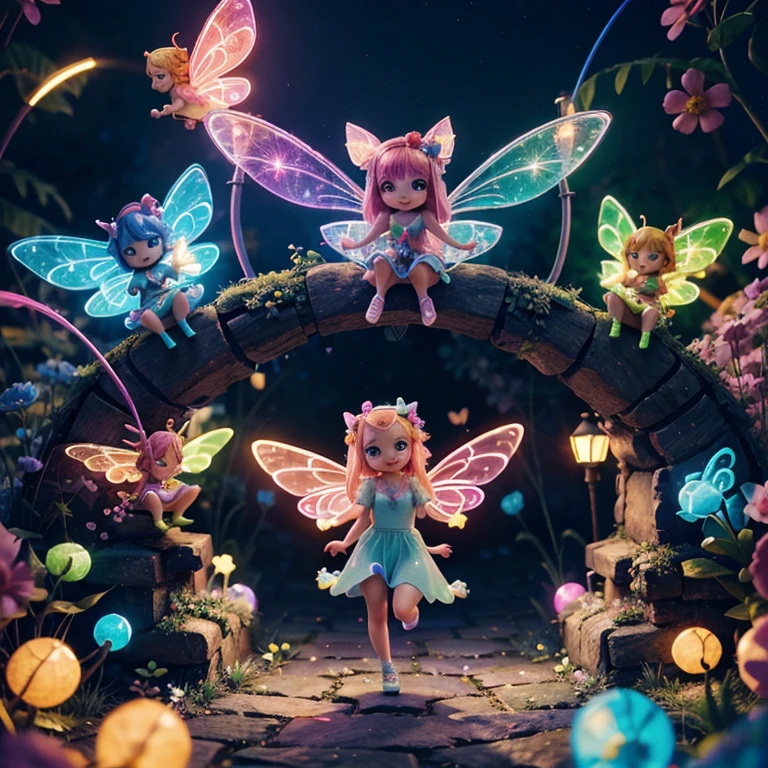 Main subject: A bunch of flying fairies, in a Fairy Village. Details: Cute colorful, digital painting, cute detailed digital art, hyper colorful, neon coloring, cute digital art, beeple colors, colorful hd picure, beeple and jeremiah ketner, glowing lights! digital painting, cute 3 d render