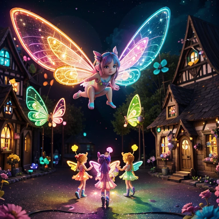 Main subject: A bunch of flying fairies, in a Fairy Village. Details: Cute colorful, digital painting, cute detailed digital art, hyper colorful, neon coloring, cute digital art, beeple colors, colorful hd picure, beeple and jeremiah ketner, glowing lights! digital painting, cute 3 d render