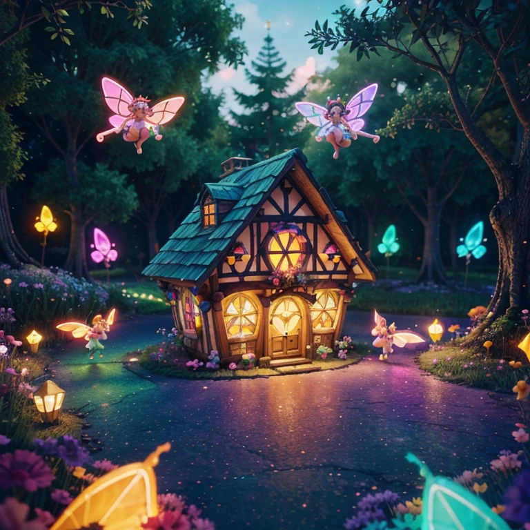 Main subject: A bunch of flying fairies, in a Fairy Village. Details: Cute colorful, digital painting, cute detailed digital art, hyper colorful, neon coloring, cute digital art, beeple colors, colorful hd picure, beeple and jeremiah ketner, glowing lights! digital painting, cute 3 d render