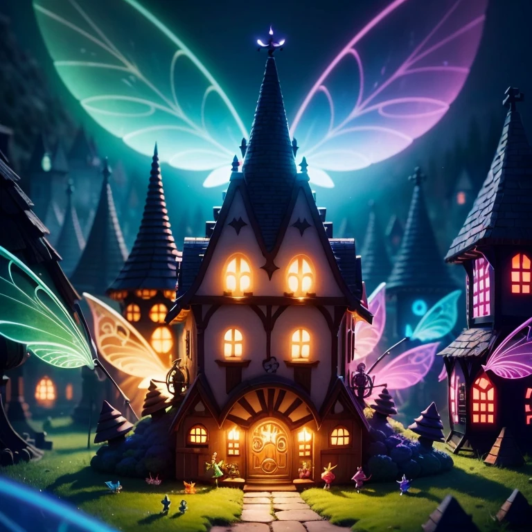 Main subject: A bunch of flying fairies, in a Fairy Village. Details: Cute colorful, digital painting, cute detailed digital art, hyper colorful, neon coloring, cute digital art, beeple colors, colorful hd picure, beeple and jeremiah ketner, glowing lights! digital painting, cute 3 d render