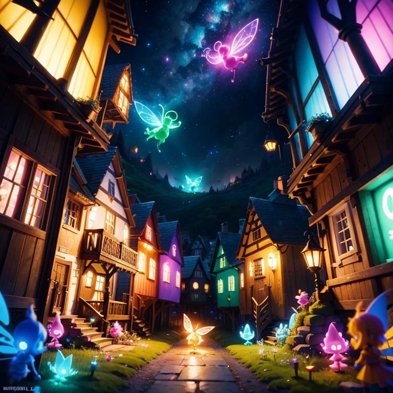 Main subject: A bunch of flying fairies, in a Fairy Village. Details: Cute colorful, digital painting, cute detailed digital art, hyper colorful, neon coloring, cute digital art, beeple colors, colorful hd picure, beeple and jeremiah ketner, glowing lights! digital painting, cute 3 d render