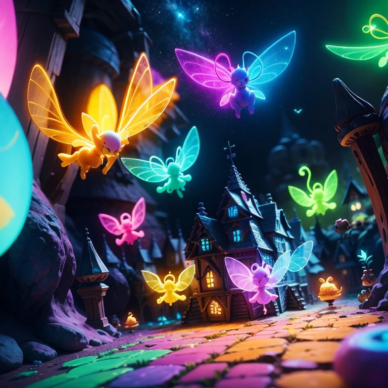 Main subject: A bunch of flying fairies, in a Fairy Village. Details: Cute colorful, digital painting, cute detailed digital art, hyper colorful, neon coloring, cute digital art, beeple colors, colorful hd picure, beeple and jeremiah ketner, glowing lights! digital painting, cute 3 d render