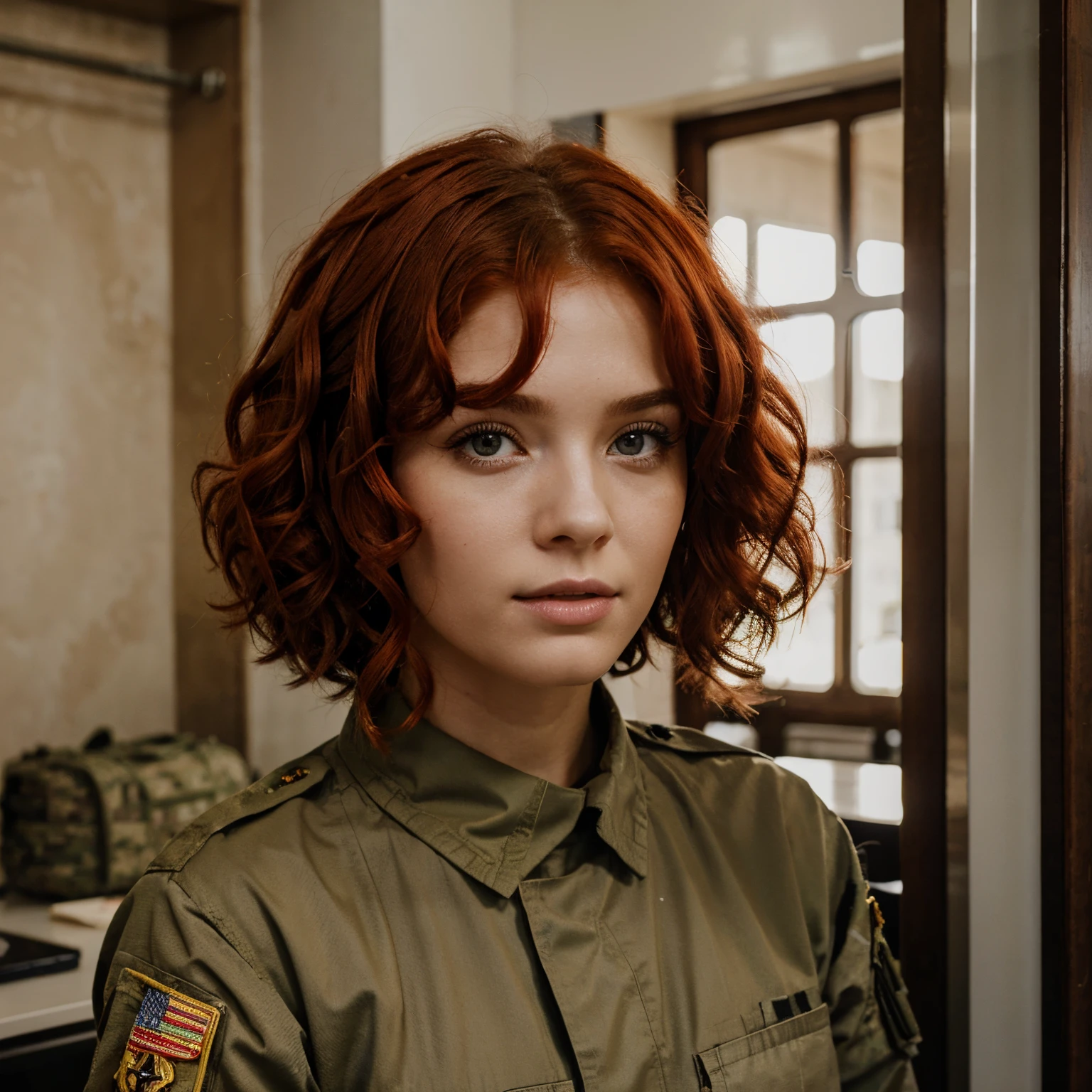 I military soldier with curly, bright red hair
