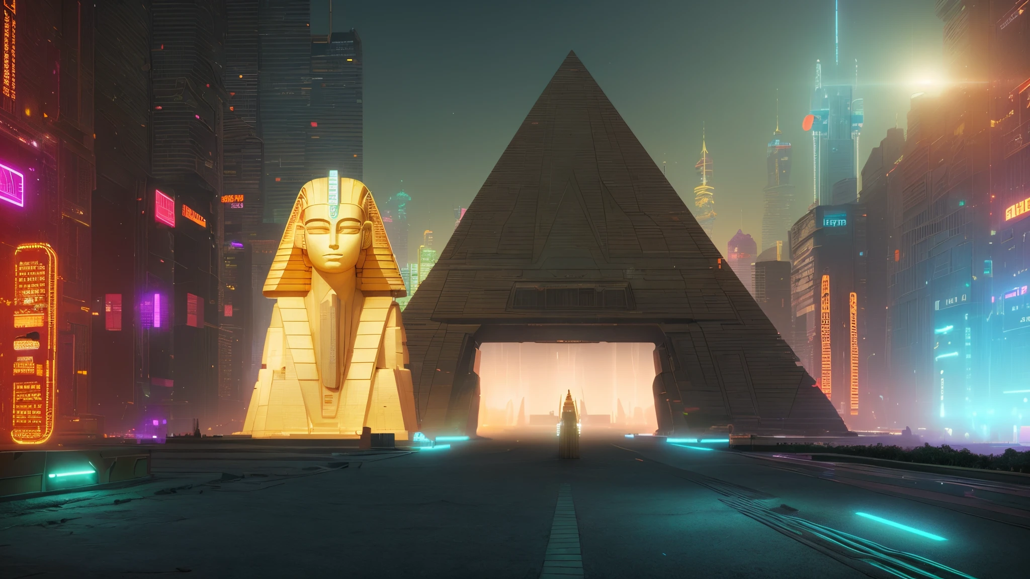 arafed image of a large sphinx statue in a city at night, ancient cyberpunk 8k resolution, beeple and jean giraud, beeple and mike winkelmann, by Mike Winkelmann, ancient yet futuristic, beeple global illumination, beeple and tim hildebrandt, beeple and greg rutkowski