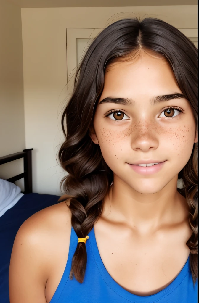 1girl. Tan skin, freckles on nose, freckles on cheeks, dark brown hair, wavy hair, hair braid, cropped tee, twenty years old, bedroom