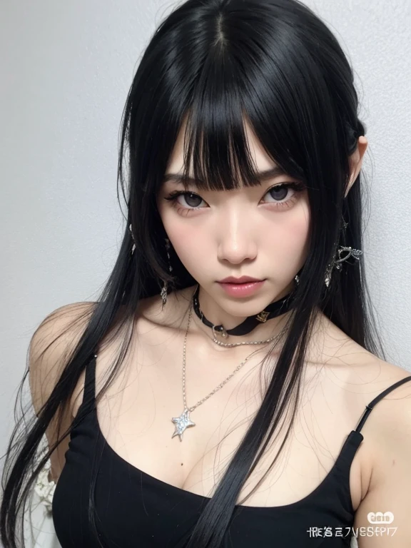 masterpiece,((masterwork, best quality, ultra realistic, ultra detailed, high res, 8k, RAW photo, photo realistic (soft shadows + realistic skin texture)),
((1girl)), beautiful girl, 18 years old, pale skin, spoofy hair, emo, eyeliner, goth, cherry blossom tattoo, very long hair, emo makeup, hair over one eye, grey eyes, black hair, lip piercing, nose piercing, ear piercing,
Black dress, black choker,
,( face shot:1.2, (close up), face focus), (white background:1.4),