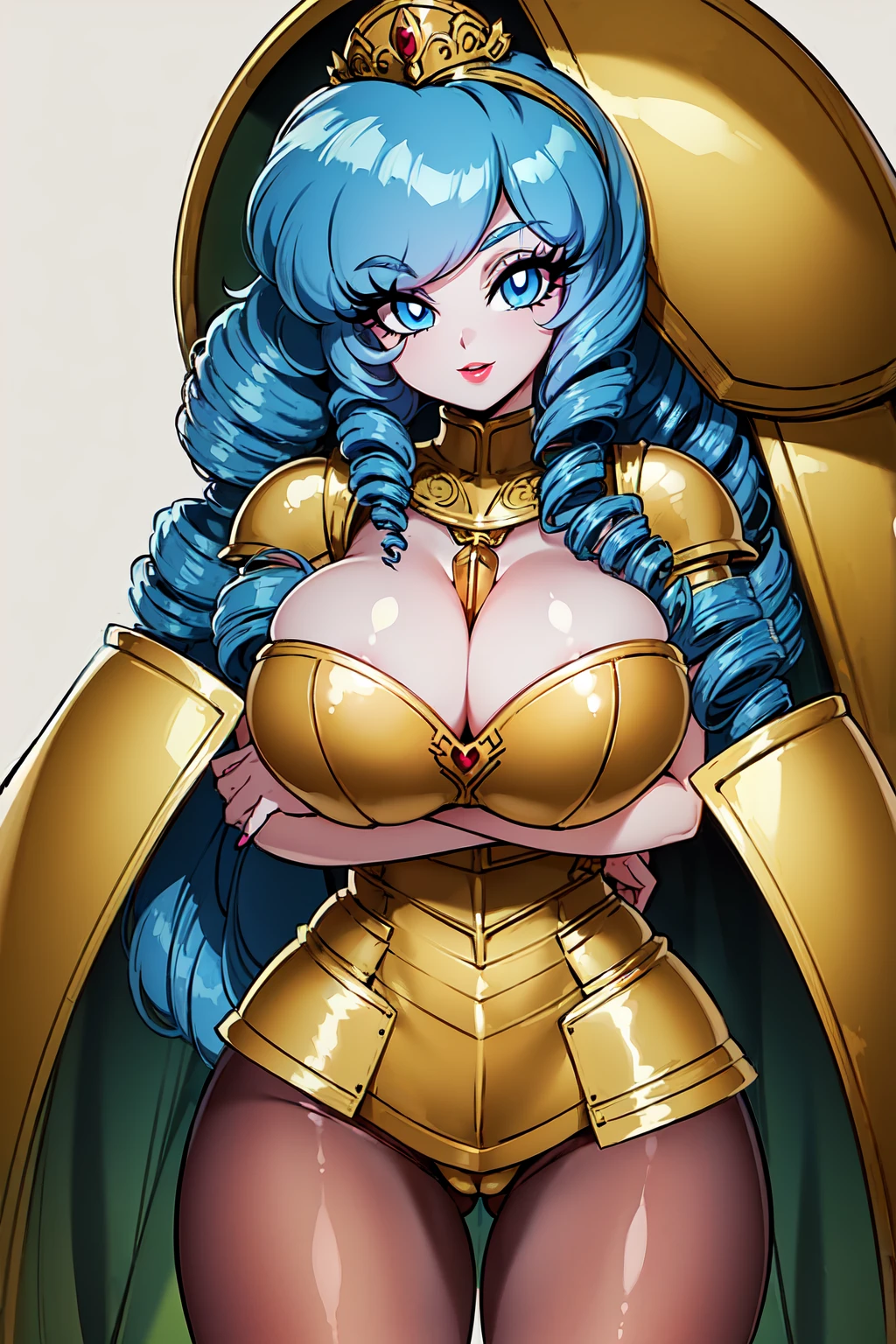 "(masterpiece:1.1), best quality, 
1girl, (80s anime style:1.3), (eyelashes:1.5), (li:1.2), 
(intricate high detailed body:1.2), 
(blue hair:1.1), (hair over one eye:1.1), (long hair, drill hair:1.2), (tiara:1.2), 
blue eyes, (red lip stick:1.3), 
(pale skin:1.3), (gigantic breasts:1.5), 
(happy, smile:1.2), open mouth, 
(golden embroidery body suit armor, cleavage cutout:1.2), (pantyhose:1.2), 
(knight armor, armored boots, capelet:1.2), (fur:1.1), (jewelry:1.1), bracelet, 
standing, crossed arms, 
(upper body, cowboy shot, looking at viewer, from front:1.1),
(simple white background:1.2)"