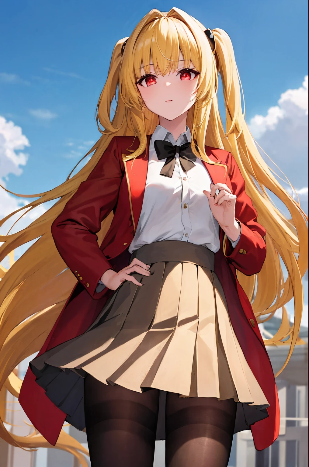 masterpiece, best quality, highres, hmjy1, long hair, blunt bangs, red eyes, school uniform, red jacket, pantyhose, white shirt, black ribbon, pleated skirt, standing, cowboy shot, master piece, top-quality, ultra-detailliert,  8K, yellow hair, yami, 1girl, long hair, solo, hair ornament, two side up, (((blonde hair))), ((red eyes)), hair ornament,