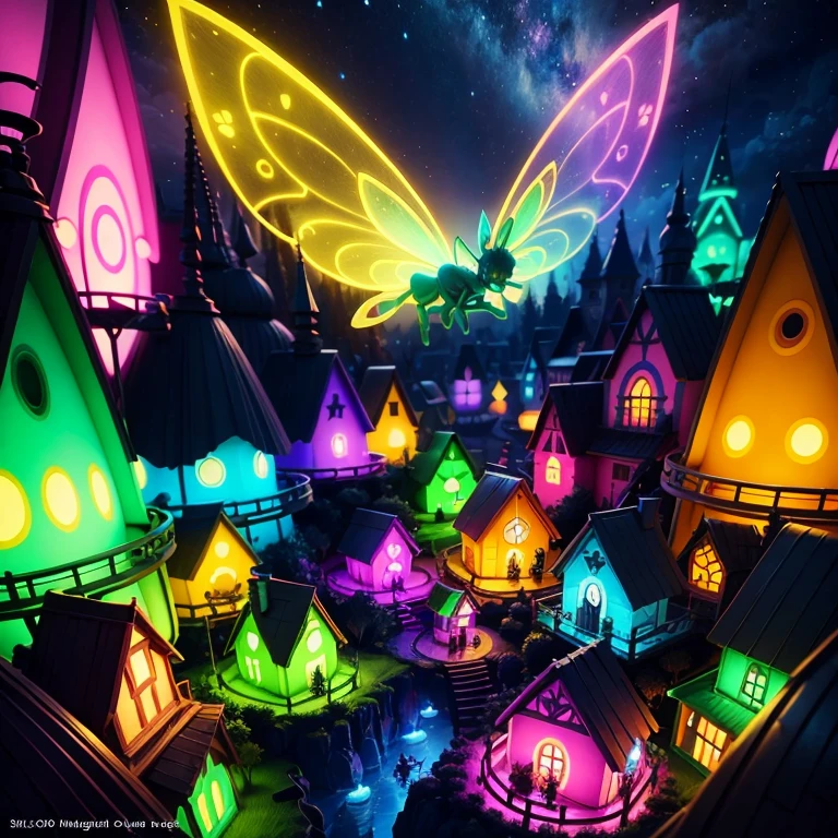 Main subject: A bunch of flying fairies, in a Fairy Village. Details: Cute colorful, digital painting, cute detailed digital art, hyper colorful, neon coloring, cute digital art, beeple colors, colorful hd picure, beeple and jeremiah ketner, glowing lights! digital painting, cute 3 d render