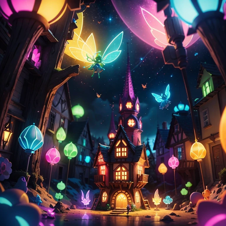 Main subject: A bunch of flying fairies, in a Fairy Village. Details: Cute colorful, digital painting, cute detailed digital art, hyper colorful, neon coloring, cute digital art, beeple colors, colorful hd picure, beeple and jeremiah ketner, glowing lights! digital painting, cute 3 d render