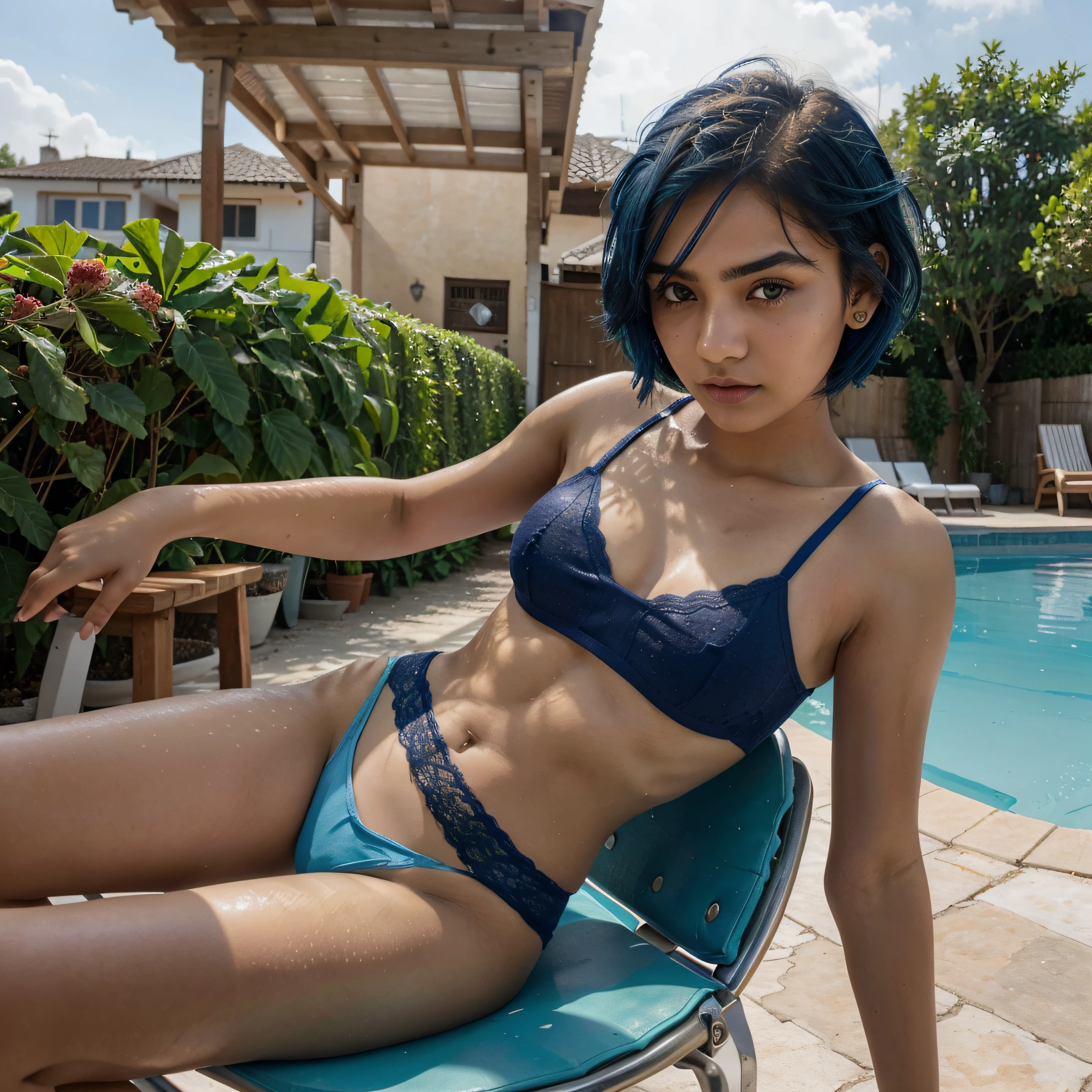 an 18 year old, cute pakistani Girl, short blue hair, double eyelid, makeup, sharp jawline, nice juicy lips, texture on skin, freckles on face, sitting near swimming pool, on a wooden chair, cute elegant pose, sunlight falling on face, wearing, a cute tight crop top, and lace up pantie, small house plants, close up.