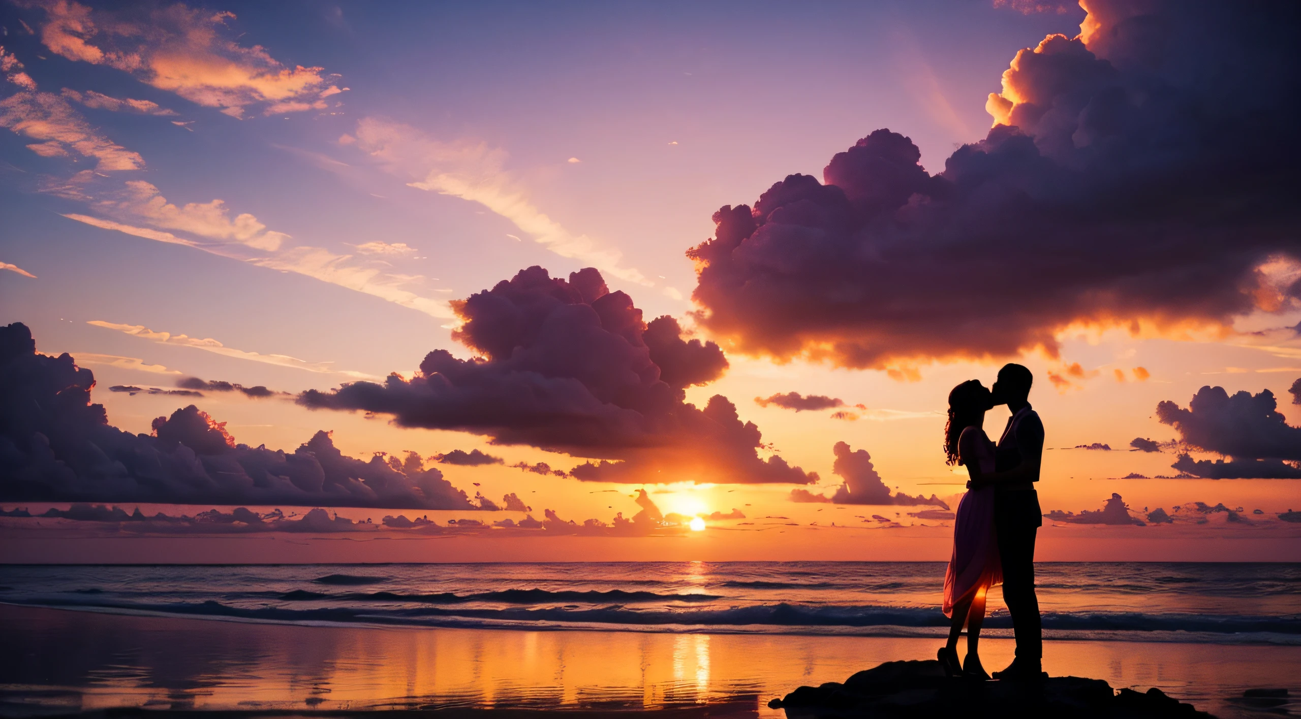 [best quality,4k,8k,highres,masterpiece:1.2],silhouette,couple,kissing,colourful sunset,romantic,emotional,passionate,silky clouds,magical,love,serene,orange,pink,purple,warm lighting