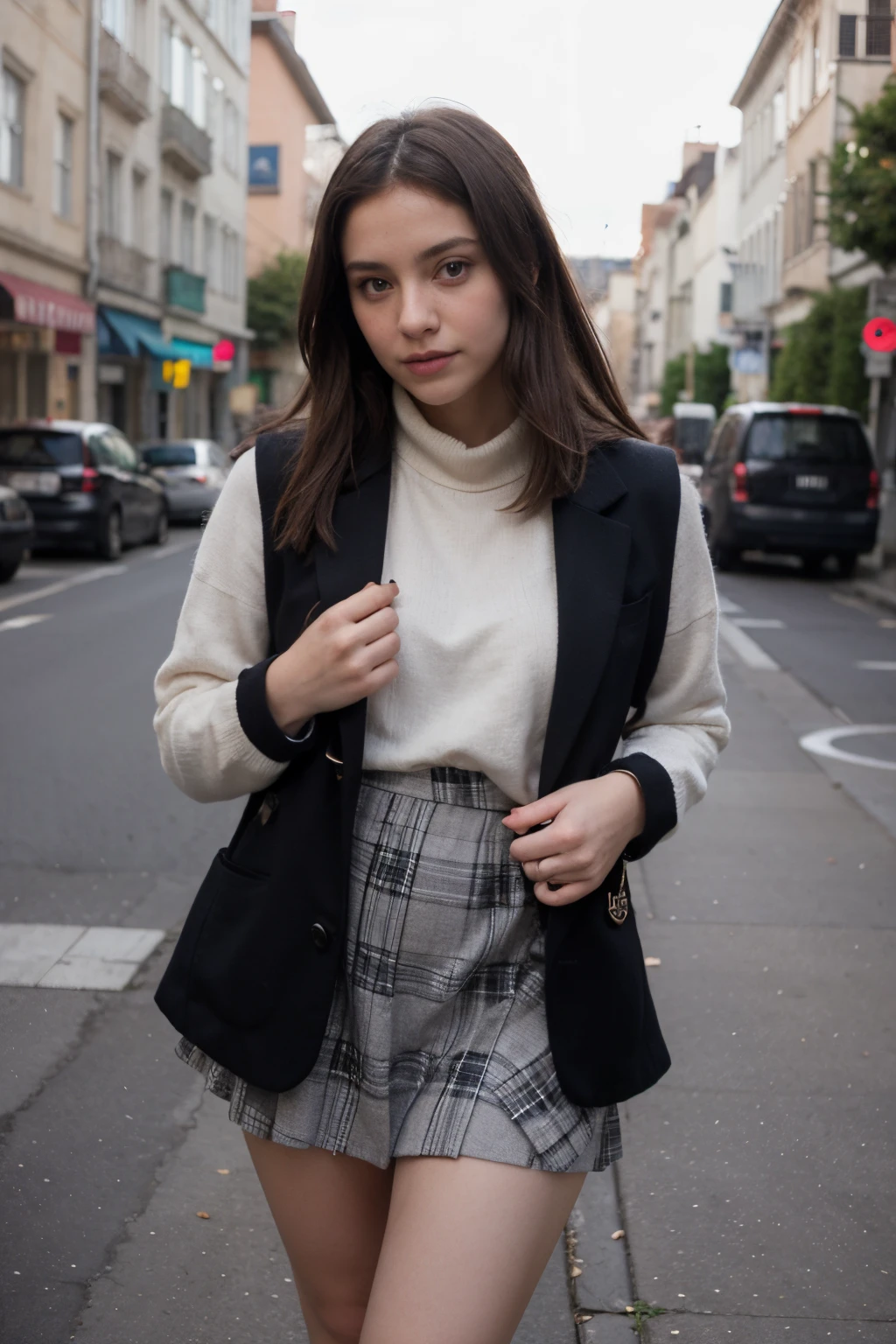 PH Momo, Momoohd, Phmomo, seulement, 1fille, cheveux roses, yeux violets, Cheveux courts, fleur de cheveux, gilet pull, Uniforme scolaire, Grands yeux, plaid skirt, cuisses noires,Faire un signe de paix, Embarrassed