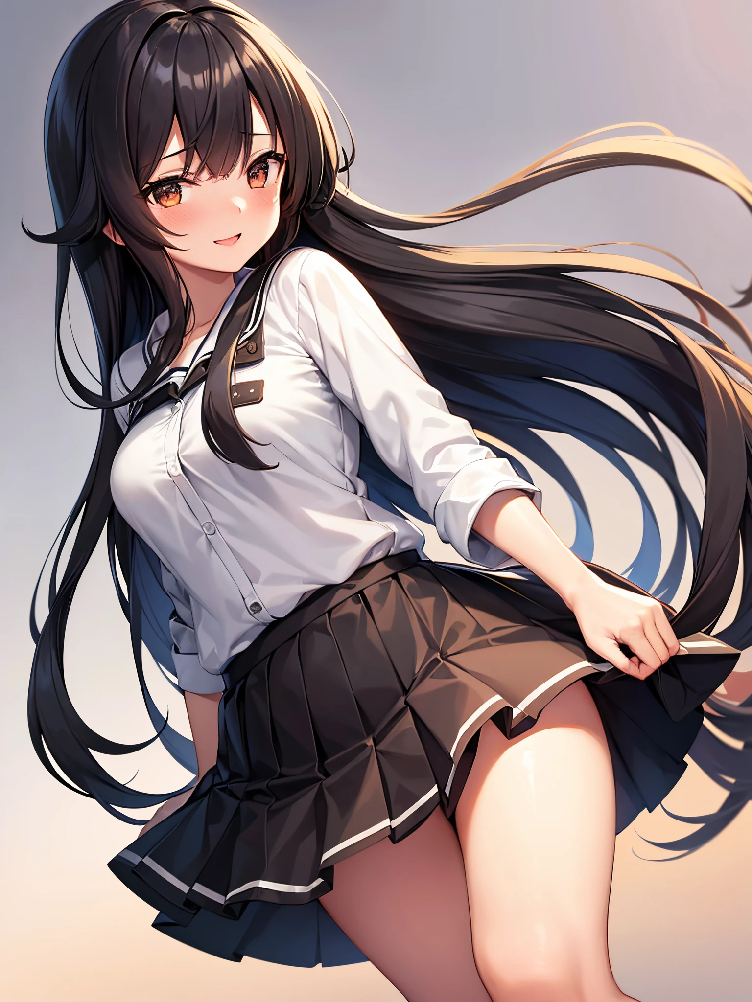 rating:safe, long_hair, black_hair, 1girl, open_mouth, solo, very_long_hair, brown_eyes, skirt, smile, blush, hair_ornament, looking_at_viewer, alternate_costume, hatsushimo_(kantai_collection), pleated_skirt