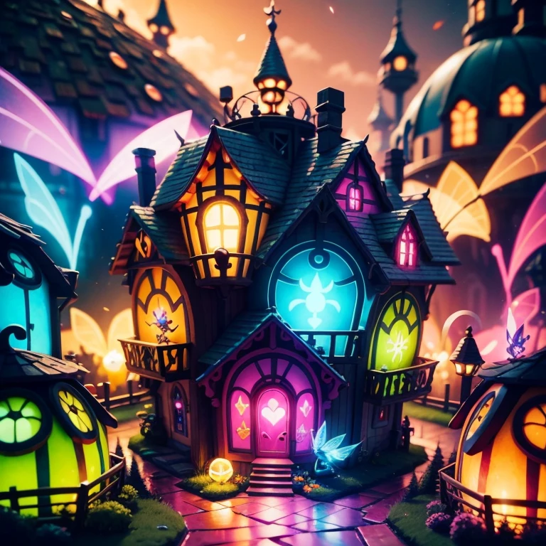 Main subject:A close up of a bunch flying fairies, in a Fairy Village. Details: Cute colorful, digital painting, cute detailed digital art, hyper colorful, neon coloring, cute digital art, beeple colors, colorful hd picure, beeple and jeremiah ketner, glowing lights! digital painting, cute 3 d render