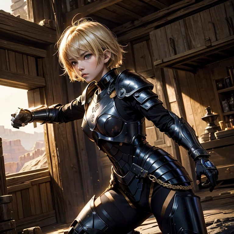 master piece, 8k, ultra detailed, anime, girl, short hair, blonde hair, honey colored eyes, serious and courageous face, black obsidian armor, punching position, Gran Canyon scenario.