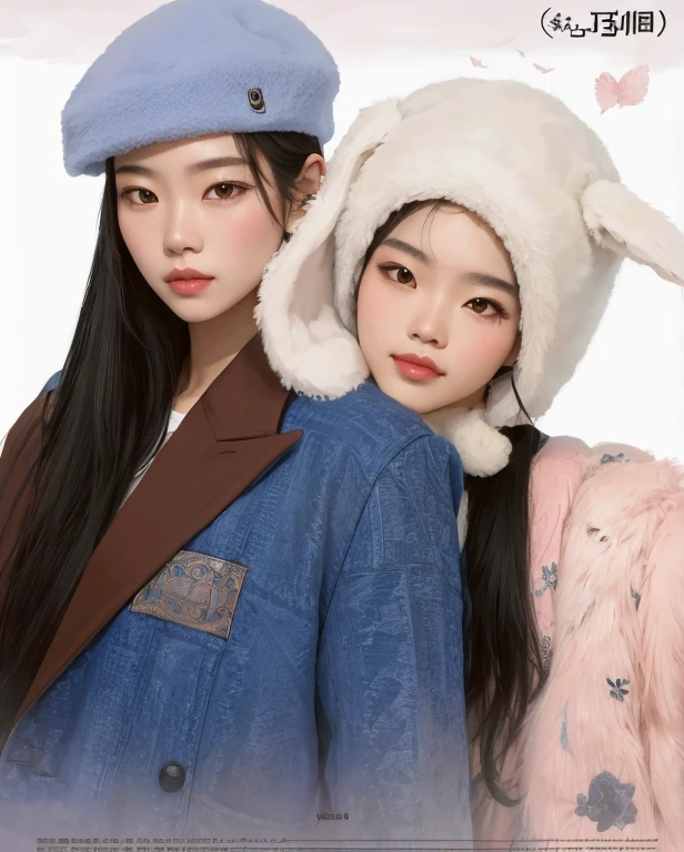 Two Asian women in hats and jackets posing for a photo., Obras de arte al estilo de Guweiz, Nixeu y Sakimichan, Guweiz, E - Chica, e-chica, ulzzang, Fanart oficial, Sakimichan, Yanjun Chengt, dos veces, con grandes orejas de conejo, Retrato de Jossi de Blackpink