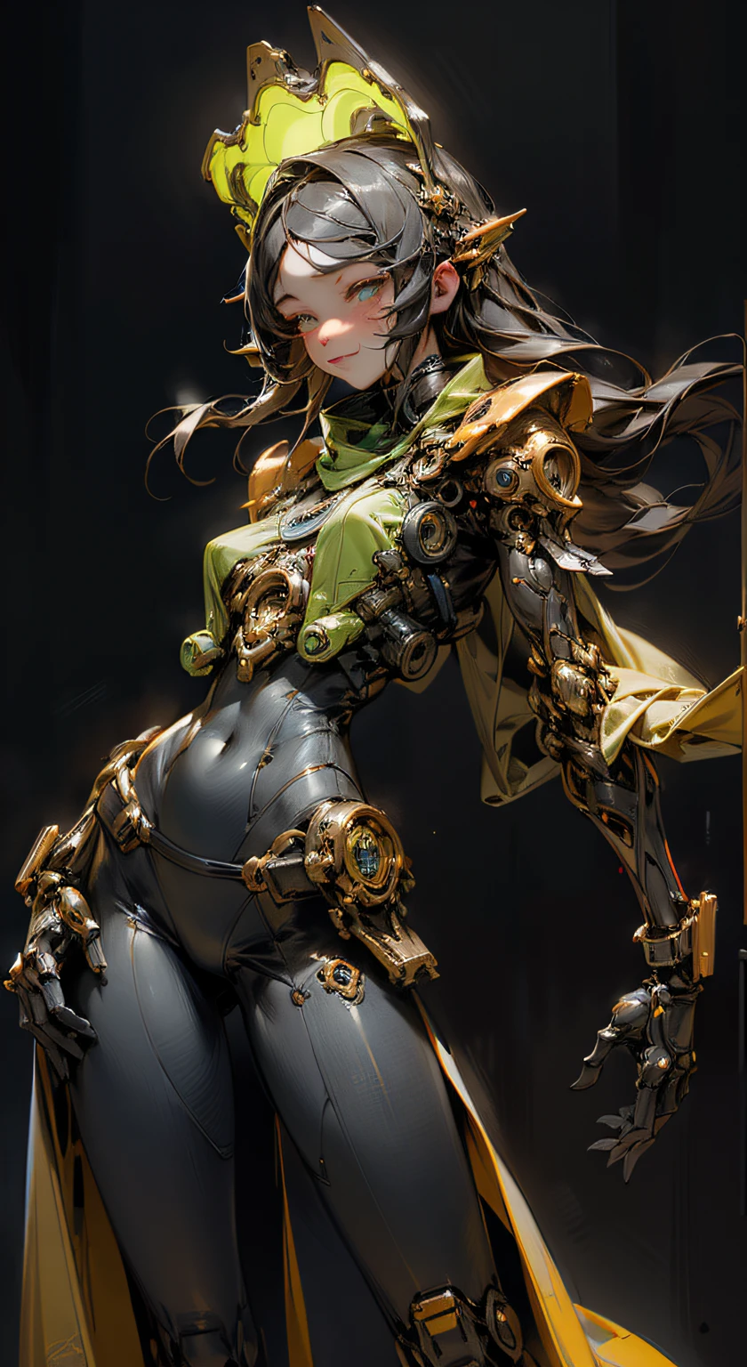 (realistic:1.2), masterpiece, Cinematic lighting, Biomechanical goddess, dynamic pose, head and torso image, Long hair. Subtle smile. Black and orange military-style, protective outer plated layers cover most of her body, covering her body's inner mechanisms. Visible inner mechanisms on her body comprise pneumatic pistons, wires, and components, beneath the outer plating. Bright, glowing neon blue and green light emanates from the inner mechanisms. Biomechanical headdress. Holding a pair of futuristic pistols, reflex sights. Black background.