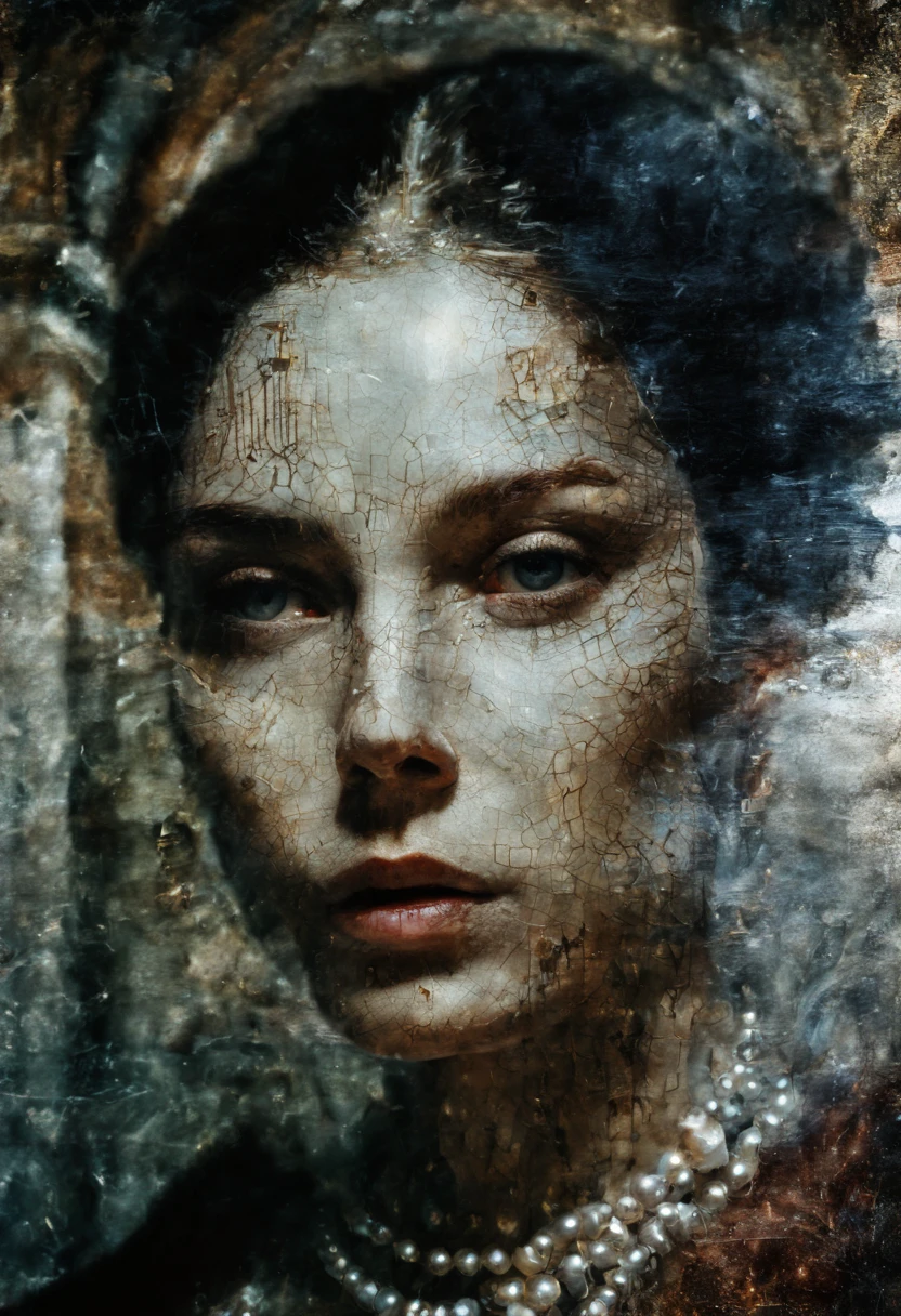 a 4D Double Exposure: portrait of a ((transparent woman with a double exposure ancient city in her head)), in renaissance attire castle backdrop, oil painting, 3/4 profile view, ornate pearl necklaces, sumptuous fabrics, detailed embroidery, moody chiaroscuro lighting, high-resolution