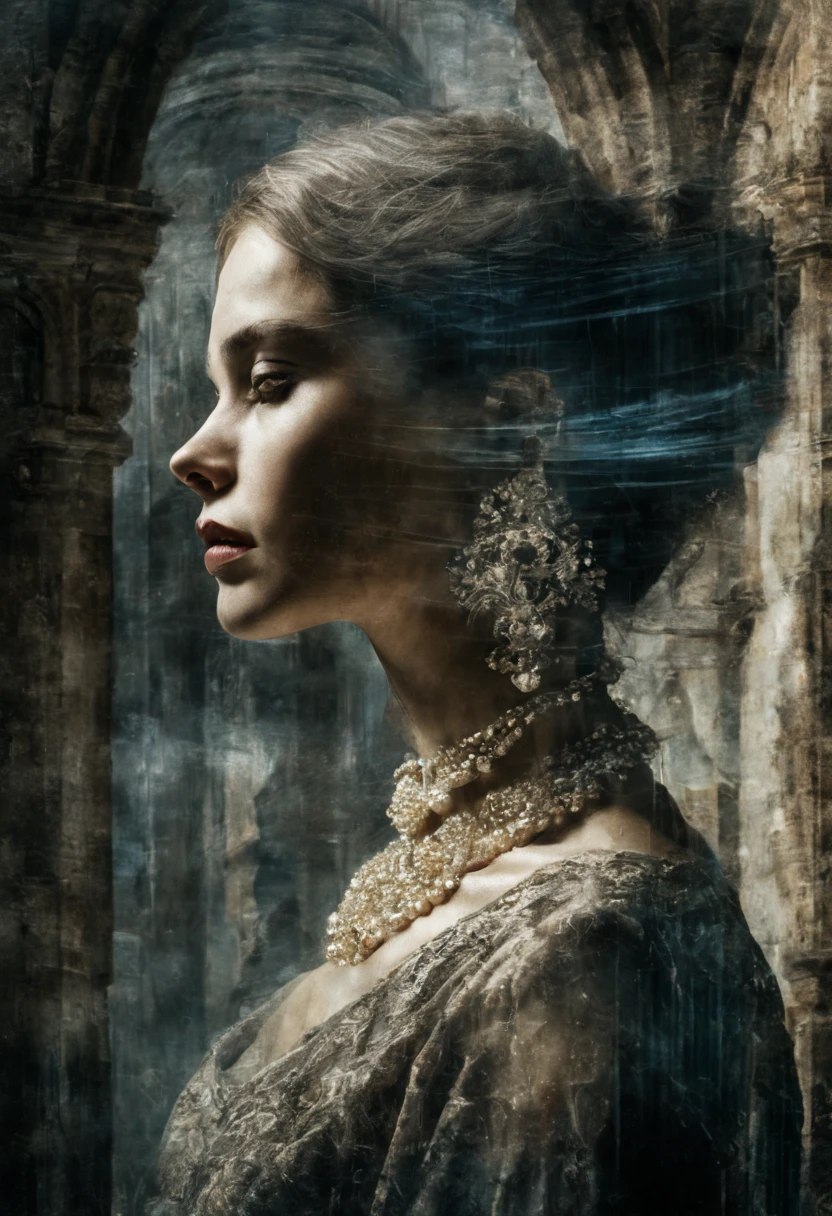 a 4D Double Exposure: portrait of a ((transparent woman with a double exposure ancient city in her head)), in renaissance attire castle backdrop, oil painting, 3/4 profile view,  ornate pearl necklaces, sumptuous fabrics, detailed embroidery, moody chiaroscuro lighting, high-resolution