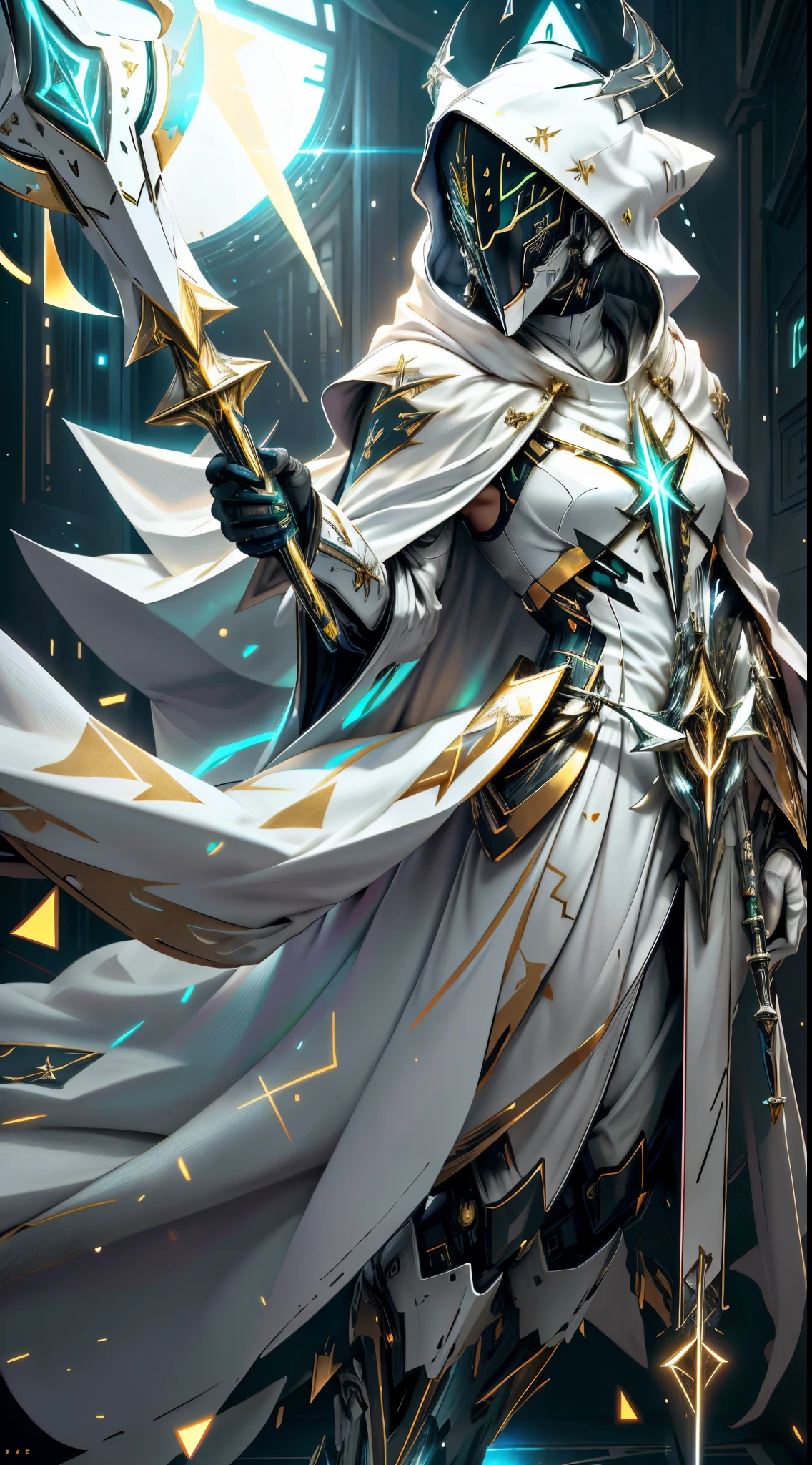 ,realistic,shiny,reflective,bioluminic, galactic cybernetic mask,mecha,female,(white & gold lineart),(archbishop:1.2),((((staff,mitre,white cloak,mask)))),sh4g0d,GlowingRunes_green,fullbody,cinemnatic,dark background,starry,big moon,backlight,high contrast,fullbody,