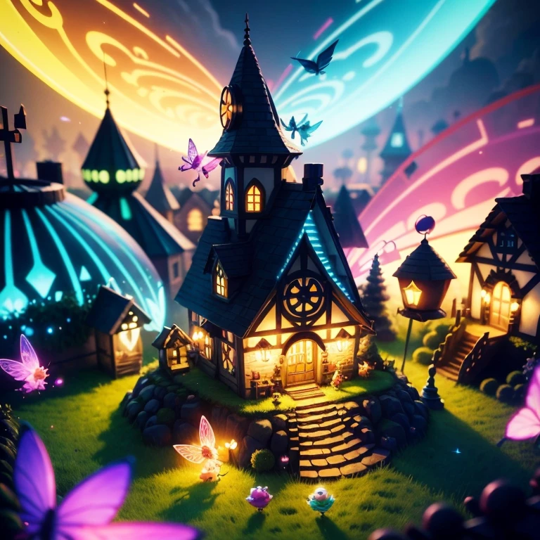 Main subject:A close up of a bunch flying fairies, in a Fairy Village. Details: Cute colorful, digital painting, cute detailed digital art, hyper colorful, neon coloring, cute digital art, beeple colors, colorful hd picure, beeple and jeremiah ketner, glowing lights! digital painting, cute 3 d render