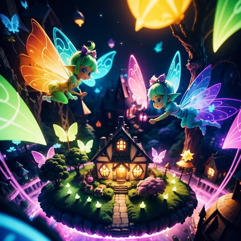 Main subject:A close up of a bunch flying fairies, in a Fairy Village. Details: Cute colorful, digital painting, cute detailed digital art, hyper colorful, neon coloring, cute digital art, beeple colors, colorful hd picure, beeple and jeremiah ketner, glowing lights! digital painting, cute 3 d render