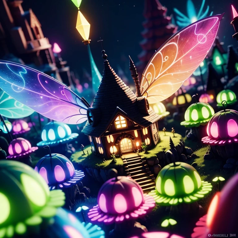 Main subject:A close up of a bunch flying fairies, in a Fairy Village. Details: Cute colorful, digital painting, cute detailed digital art, hyper colorful, neon coloring, cute digital art, beeple colors, colorful hd picure, beeple and jeremiah ketner, glowing lights! digital painting, cute 3 d render