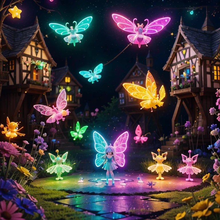 Main subject: A bunch of flying fairies, in a Fairy Village. Details: Cute colorful, digital painting, cute detailed digital art, hyper colorful, neon coloring, cute digital art, beeple colors, colorful hd picure, beeple and jeremiah ketner, glowing lights! digital painting, cute 3 d render