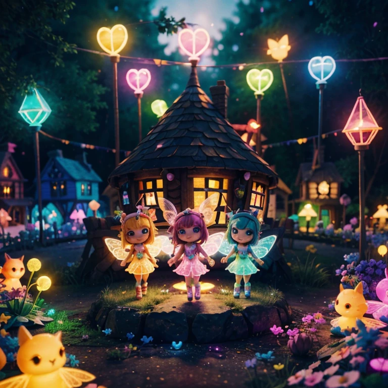 Main subject: A bunch of flying fairies, in a Fairy Village. Details: Cute colorful, digital painting, cute detailed digital art, hyper colorful, neon coloring, cute digital art, beeple colors, colorful hd picure, beeple and jeremiah ketner, glowing lights! digital painting, cute 3 d render