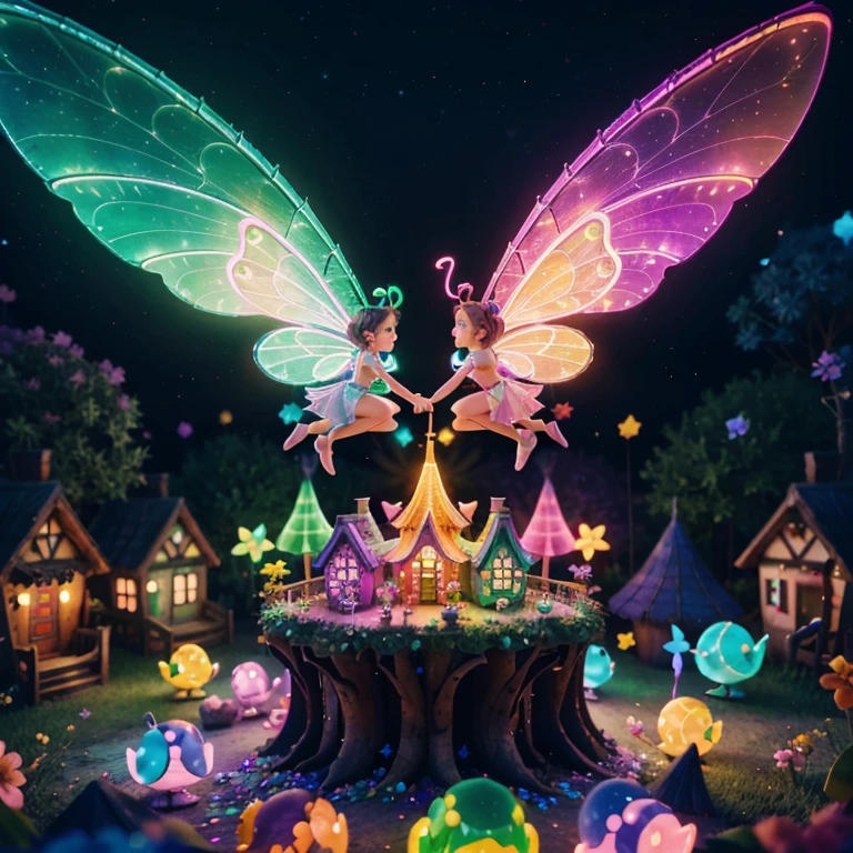 Main subject: A bunch of flying fairies, in a Fairy Village. Details: Cute colorful, digital painting, cute detailed digital art, hyper colorful, neon coloring, cute digital art, beeple colors, colorful hd picure, beeple and jeremiah ketner, glowing lights! digital painting, cute 3 d render
