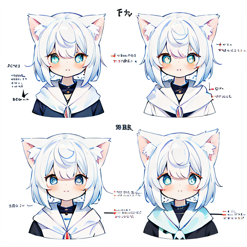 normal plot,All-white background,Very cute Q version girl with cat ears,Has fluffy white ears,White hair,Light blue pupils