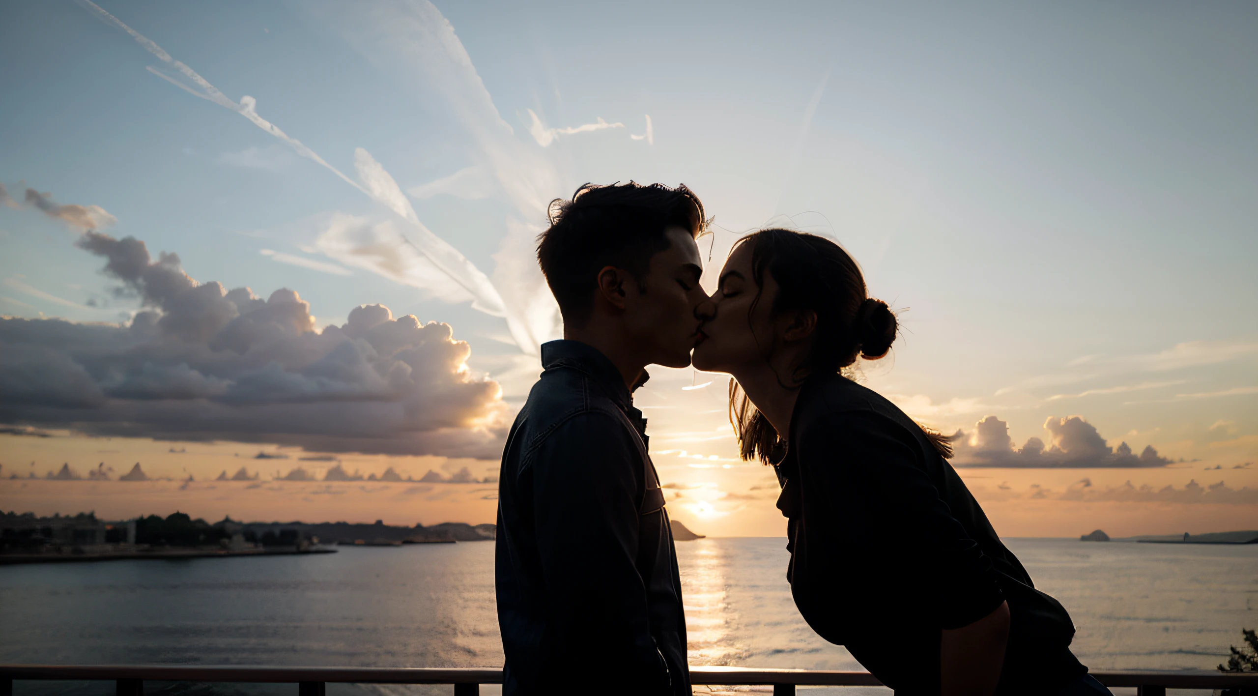 Silhouette of a couple sharing a kiss against a colourful sunset
