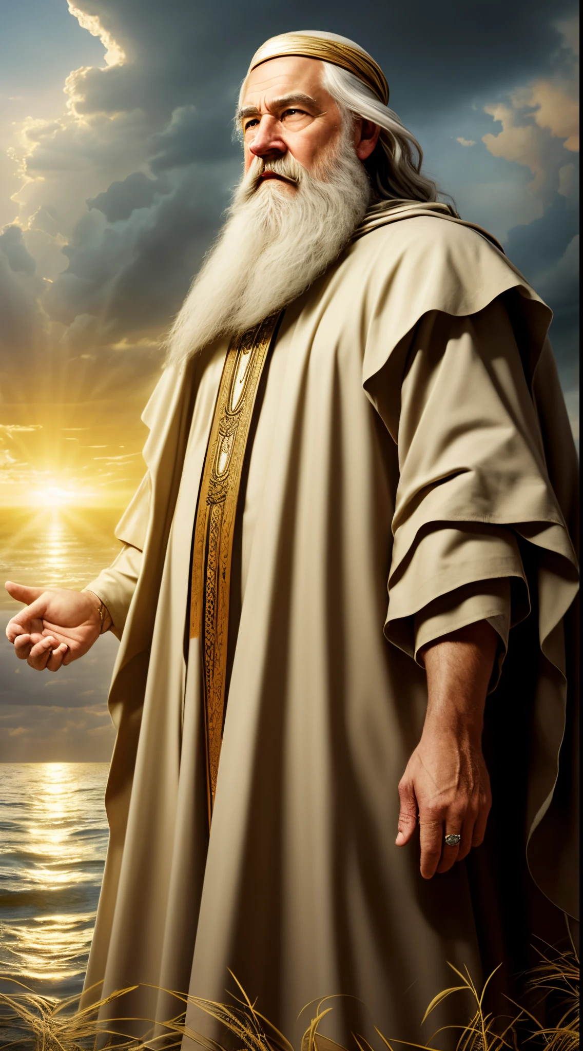 Create a detailed image of Noah as described in the Christian Bible. Portray him as elderly, with a long beard and white hair. Capture a serene yet determined expression, reflecting trust and obedience to God. Illuminate the scene with soft light, highlighting Noah's face and emphasizing the traits of wisdom and faith. Add clothing that evokes antiquity, representing the era in which Noah lived. Include symbolic elements such as the ark in the background and heavy clouds in the sky, indicating the imminent flood. Convey the biblical narrative, emphasizing the importance of Noah's role as an obedient divine servant and the architect of life preservation during the deluge."