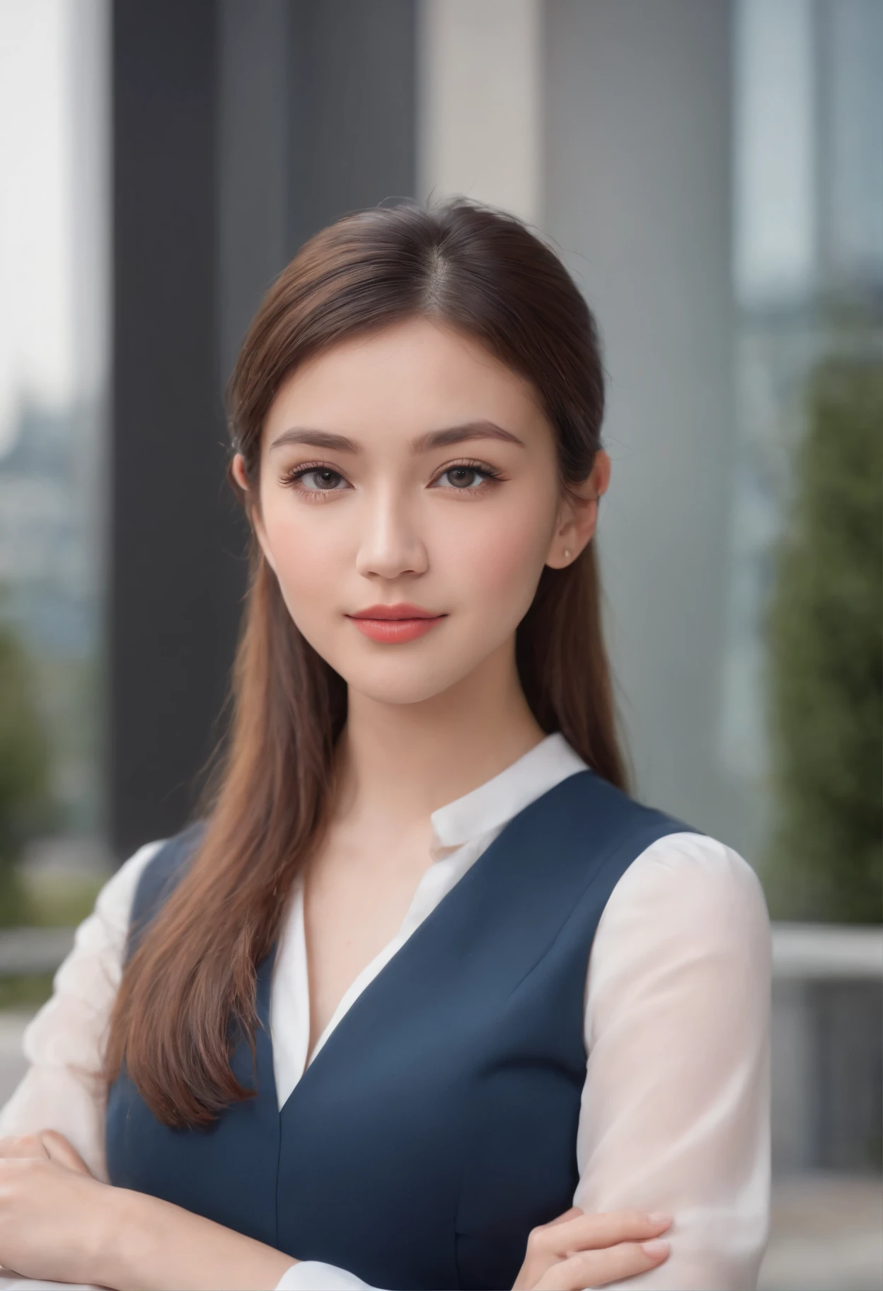 realistic 28 years old girl, front shot, corporate attire, short blue office skirt, white shirt, pony tail, HDR realistic image, dimple on right cheek, files in left hand, high stilletos, in front of corporate building, bright sunny day