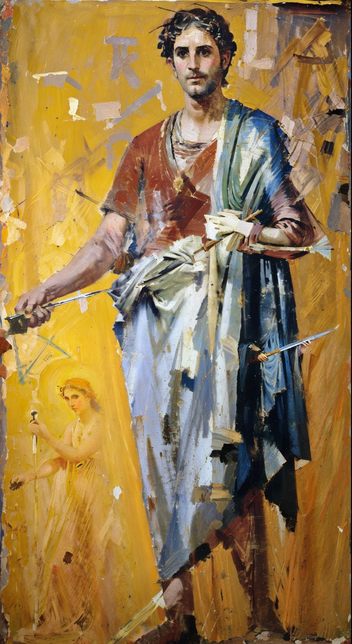 arafed painting of a man holding a knife and a knife in his hand, old greek goddess, fresco, ancient greek painting, dionysus, fresco painting, found in the ruins of pompeii, elderly greek goddess, byzantine painting, fayum portrait, rich detail, the greek goddess aphrotite, ancient roman painting, by Nicomachus of Thebes